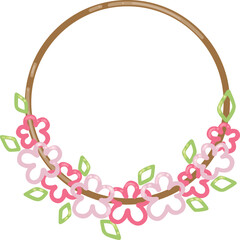 pink flower and green leaves wreath flat design illustration for romance, wedding and spring seasonal.