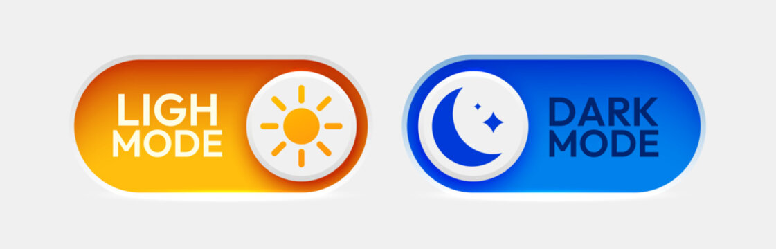 On and Off toggle switch buttons. Dark mode and light mode. Material design switch set. Day and night mode switch button.