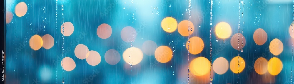 Leinwandbilder Abstract View of Rain Blurring a Window with Softly Hued Background Creating a Dreamy Atmosphere of Calmness and Reflection on a Gloomy Day