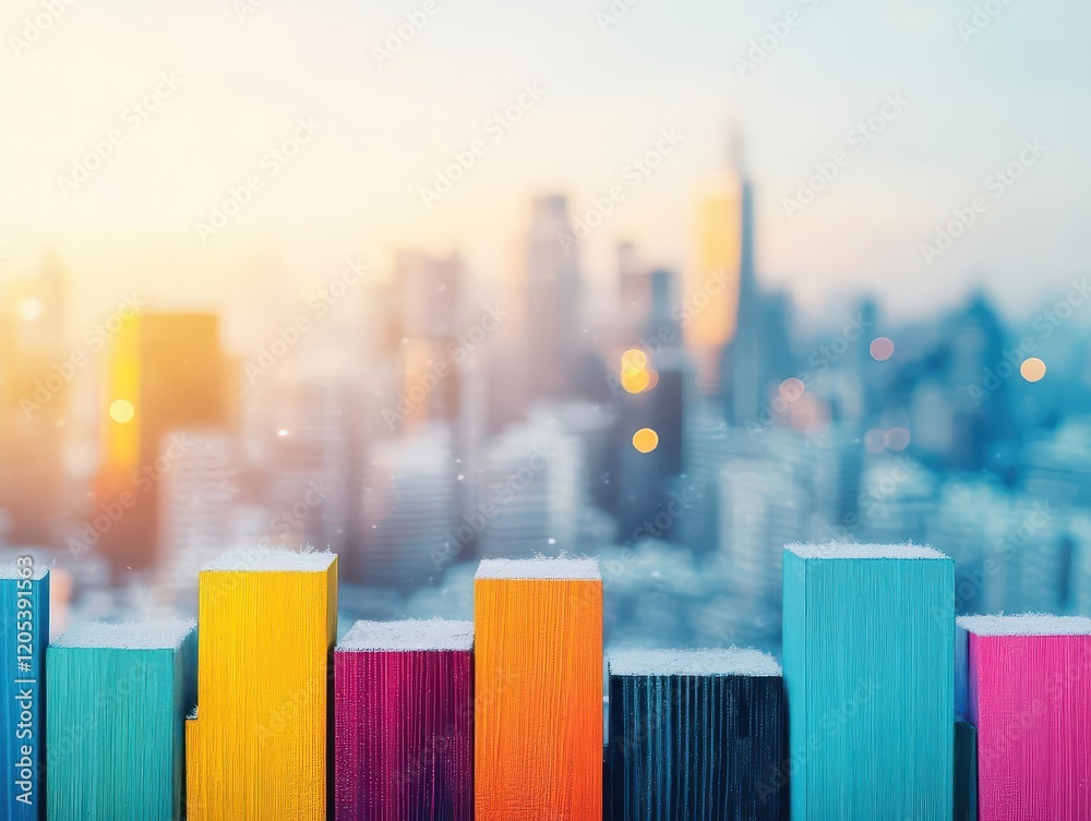 Poster vibrant colorful bars illuminating urban cityscape at dusk with majestic skyscrapers creating a live