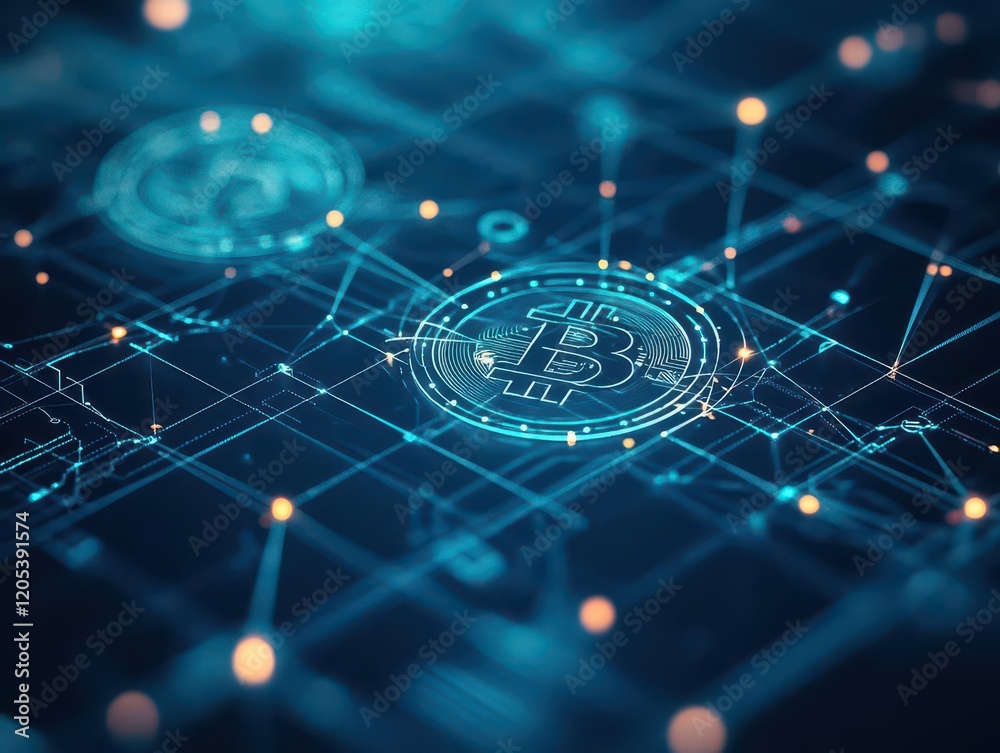 Poster Abstract Representation of Digital Currency Trends with Bitcoin Symbol and Graph Elements Illustrating Market Fluctuations and Investment Opportunities