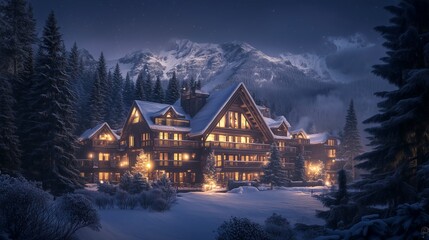 A stunning mountain lodge set amidst snow-capped peaks, exuding warmth and charm with its glowing lights and tranquil alpine setting.