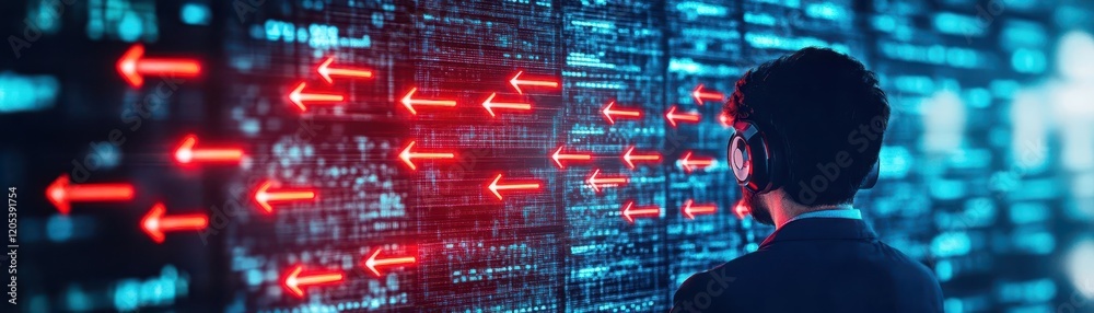 Poster A contemplative man examining an intricate wall filled with vibrant data visualizations reflecting technology and innovation in a modern workspace environment