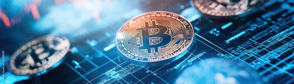 Aufkleber dynamic bitcoin cryptocurrency visualization with abstract geometry and bold colors representing fin