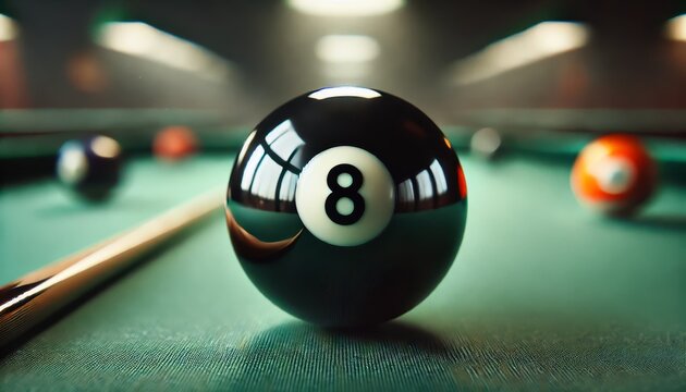 Glossy black 8-ball with light reflections set against a blurred green pool table backdrop.