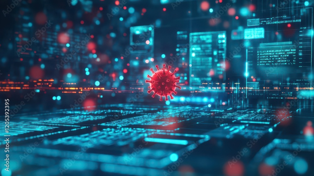 Aufkleber Digital Illustration of a Red Virus with Intricate Details on a Computer Screen Symbolizing Cybersecurity Threats and Digital Health Concerns Worldwide