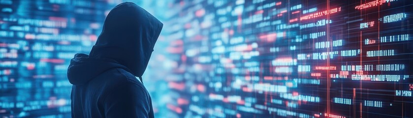 Fototapeta premium Mysterious Individual in Hooded Garment Standing Before an Intricate Wall of Digital Data Evoking Themes of Technology and Human Interaction in Modern Society