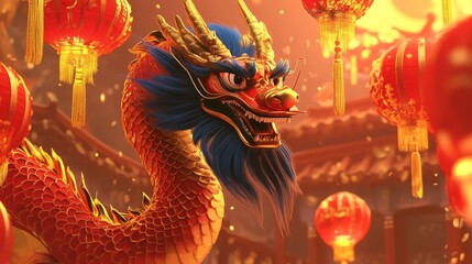 Fototapeta premium A vibrant dragon, adorned with blue and gold details, is surrounded by red lanterns in a festive, warmly lit setting.