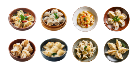 Various Types of Dumplings in Bowls, set collection, mega bundle, isolated on transparent background