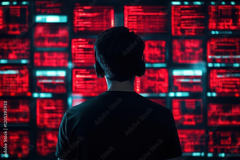Poster a contemplative man gazes intently at a striking wall of red and black television screens creating a