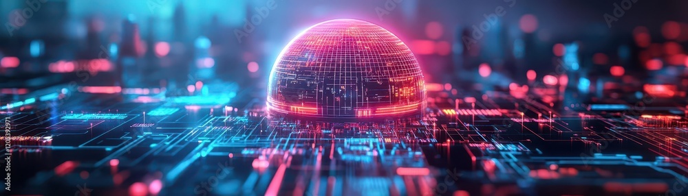 Poster futuristic cityscape with illuminated sphere towering above skyscrapers under a starry sky evoking a