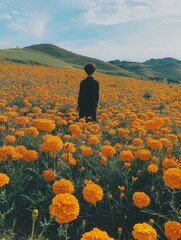 field of marigolds, the bright yellow and orange flowers stretching as far as the eye can see, with gentle hills in the background