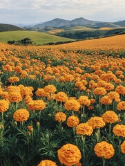 Fototapeta premium field of marigolds, the bright yellow and orange flowers stretching as far as the eye can see, with gentle hills in the background