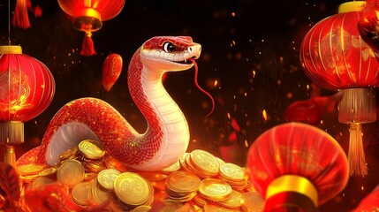 Obraz premium A vibrant, animated snake rests on a pile of gold coins, surrounded by red lanterns, symbolizing prosperity and good fortune.