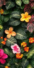 variegated betel leaf bush surrounded by tropical flowers, the leaves unique patterns complementing the vibrant blooms