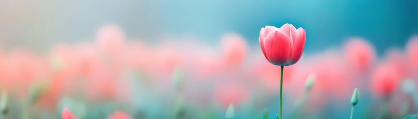 Elegant Pink Tulip Standing Tall Amidst a Lush Field of Pink Tulips Creating a Soft and Romantic Atmosphere in a Beautiful Spring Garden Setting
