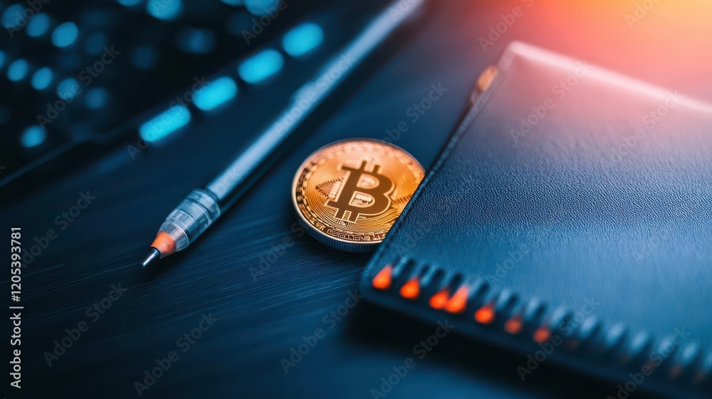 Aufkleber golden bitcoin resting on a blank notebook page symbolizing financial growth and investment opportun