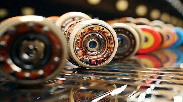 Colorful roller skate wheels arranged on a reflective surface