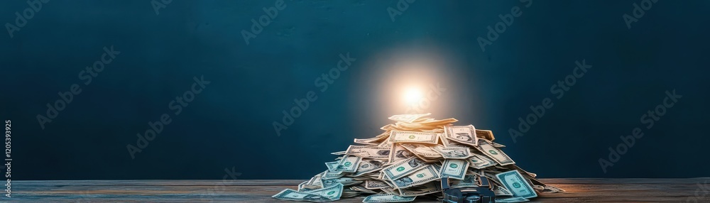 Poster A Pile of Cash Stacked Neatly on a Wooden Table with Soft Lighting Creating a Warm and Inviting Atmosphere Suggesting Wealth and Prosperity