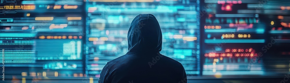 Poster mysterious figure in hooded jacket gazing at urban street scene with cityscape and cars under soft e