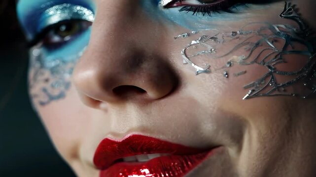 Dramatic close-up of a model with artistic makeup and striking features