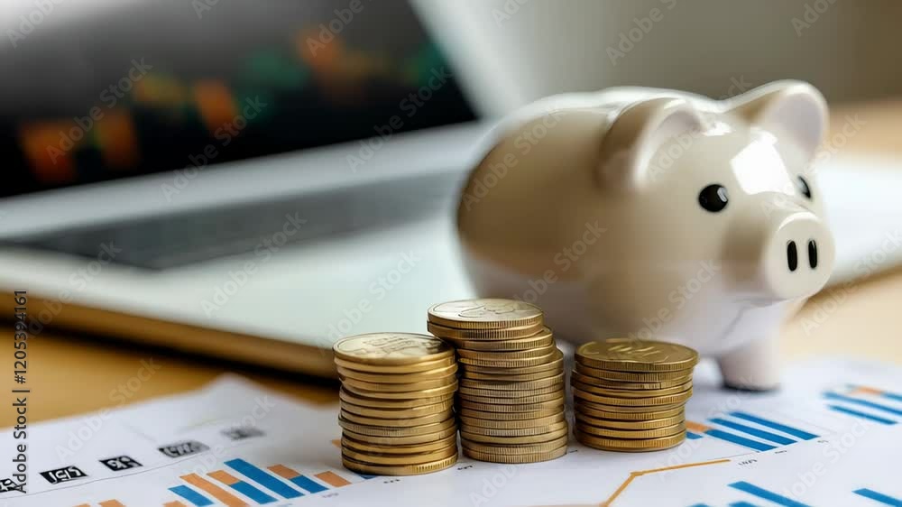 Aufkleber stacks of gold coins are sitting on financial charts with a piggy bank and a laptop in the backgroun