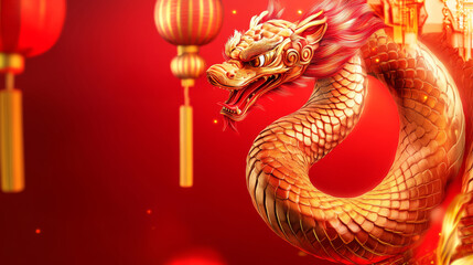 Obraz premium A vibrant golden dragon against a red backdrop, adorned with lanterns, symbolizing strength, prosperity, and good fortune in Asian culture.