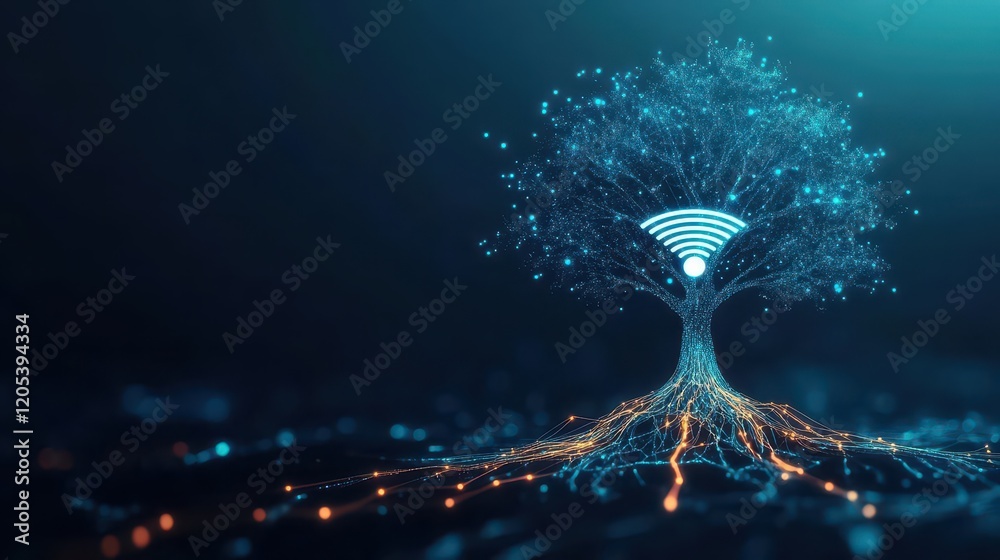 Poster a majestic tree with wireless connections symbolizing nature and technology harmoniously coexisting 