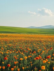 marigold field stretching across the horizon, with vibrant yellow and orange blooms adding life to the rolling green landscape