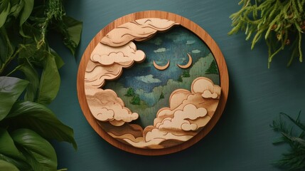 Eco-friendly wooden planet with soft clouds, made from sustainable materials with gentle cloud designs, combining nature and whimsy