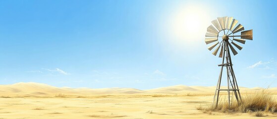 Lone Windmill Stands in a Vast Desert Landscape