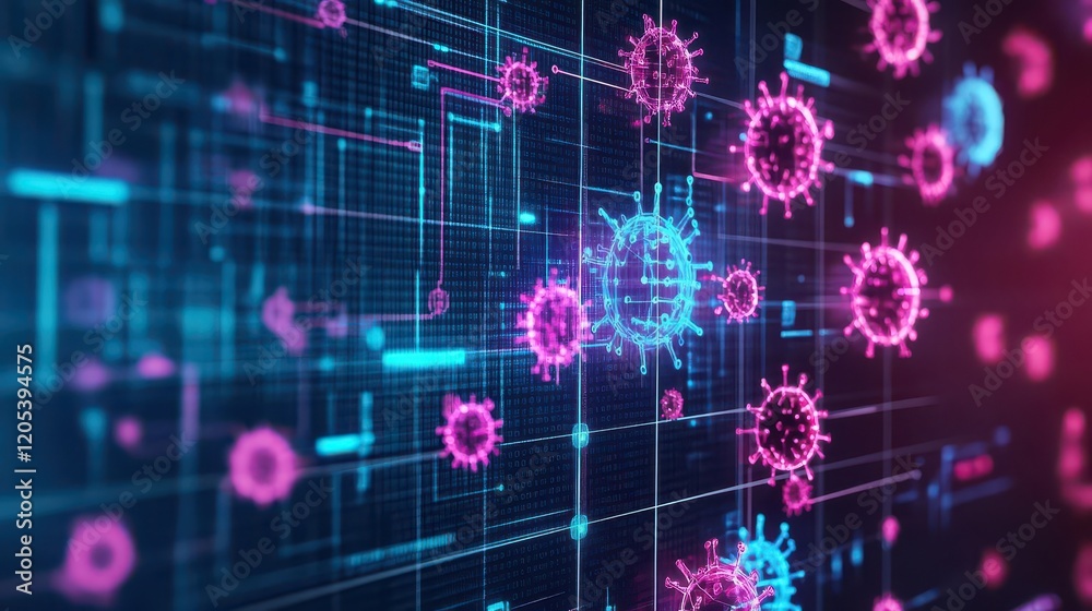 Fototapete Vibrant Computer Screen Displaying Abstract Blue and Pink Patterns Creating a Dynamic and Engaging Visual Experience in a Modern Digital Workspace