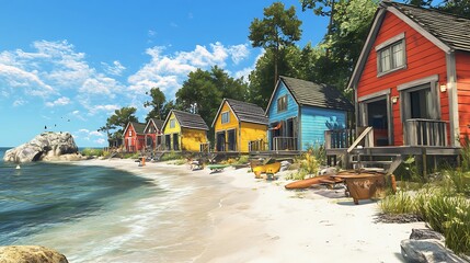 Colorful beach houses line a sandy shore under a clear blue sky.