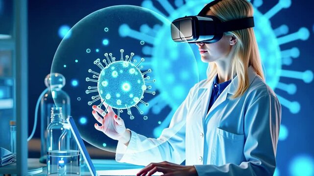 A scientist in a lab using virtual reality to study a virus model.