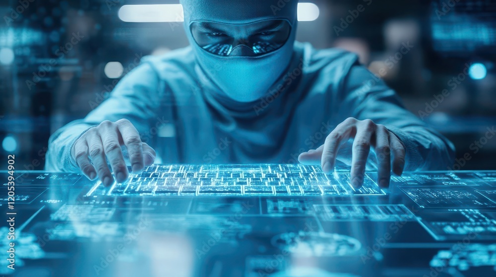 Poster Focused Man in Protective Mask Engaged in Computer Work Amidst a Modern Office Setting Highlighting Technology and Concentration in Professional Environment