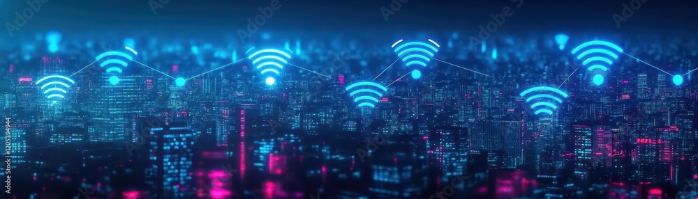 Poster Vibrant Cityscape at Night with Illuminated Roads and Connecting Lines Creating a Dynamic and Lively Urban Atmosphere Full of Energy and Movement