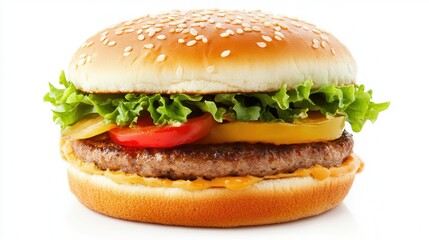 A detailed close-up view of a delicious hamburger featuring cheese, lettuce, tomato, and onion, showcasing its fresh ingredients and appetizing appearance.