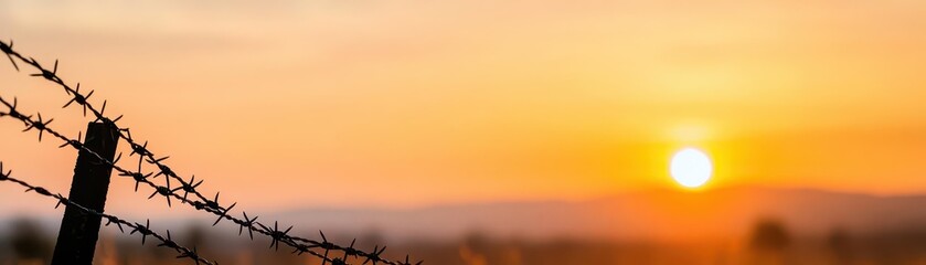 Obraz premium A Barbed Fence Silhouetted Against a Vibrant Sunset Sky Evoking Feelings of Isolation and Reflection in a Beautiful Natural Landscape Setting
