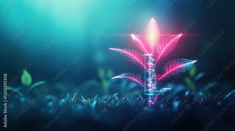 Poster vibrant green plant illuminated by colorful neon lights creating a modern and lively atmosphere in a