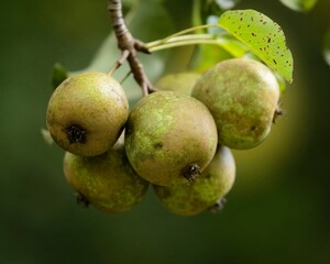 Five green pears hanging on a branch against a green abstract background