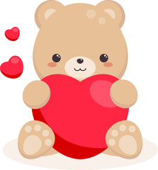 Cute bear witn big red heart. The baby bear holds a heart in its paws.