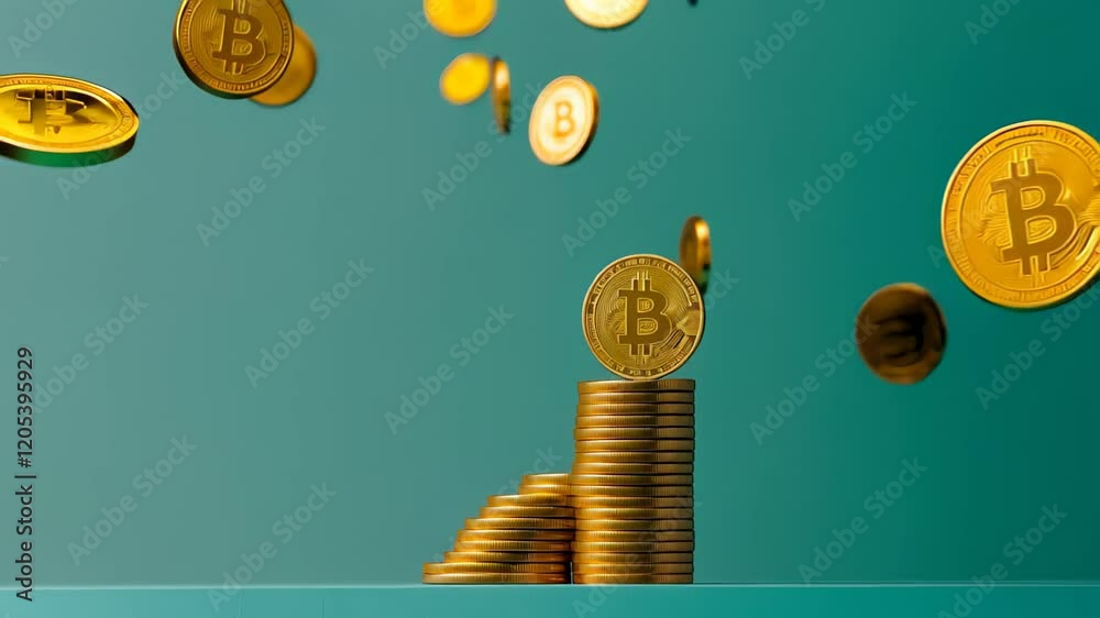 Poster gold coins forming an ascending chart with a bitcoin on top, representing successful investment in c