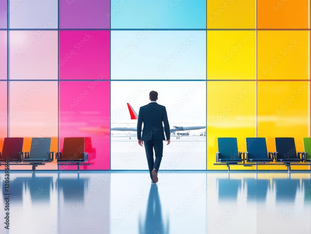 Poster A man walking through a vibrant airport terminal adorned with colorful walls creating a lively and energetic atmosphere of travel and adventure