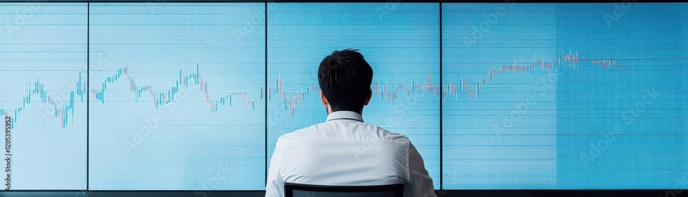 Aufkleber focused man in white shirt analyzing data on screen with business chart displayed in modern office e