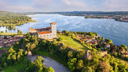 Aerial view of Rocca Borromea of Angera with Arona in the background, Angera, Varese province,...