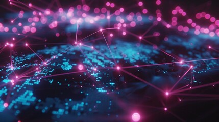 Obraz premium Digital world map with glowing connections on dark background. 