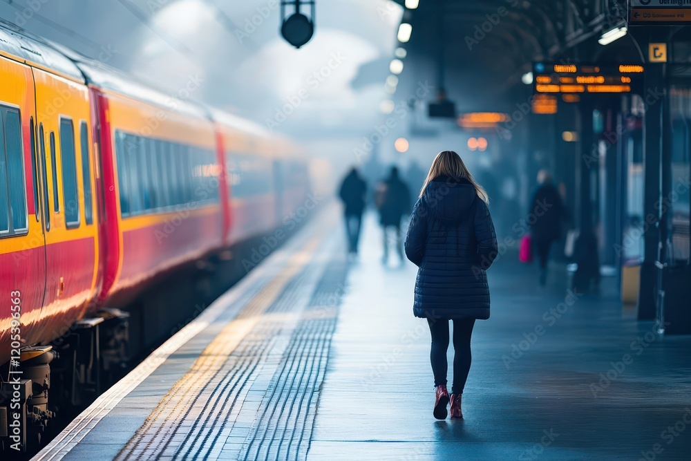 Poster a woman dressed in casual attire walking confidently on a train platform as a train approaches creat