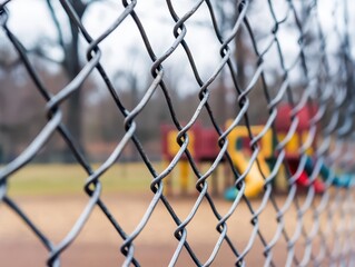 Fototapeta premium Chain Link Fence Enclosing Vibrant Playground with Colorful Equipment Surrounded by Lush Green Grass Under a Bright Clear Sky for Joyful Outdoor Fun