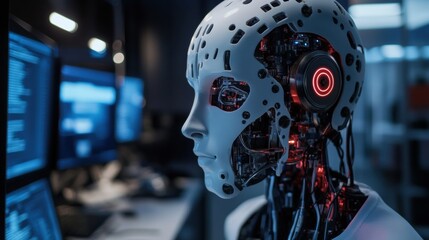 Fototapeta premium Employee with AI and technology skills, showcasing proficiency in utilizing artificial intelligence and modern tech for effective task management