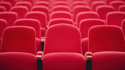 Fototapeta premium Rows of red chairs in an empty theater awaiting an audience for a performance